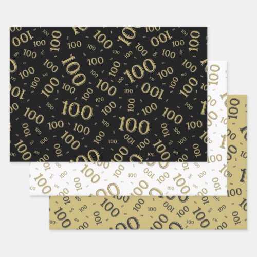 100th Birthday Gold and Black Number Pattern 100 Wrapping Paper Sheets