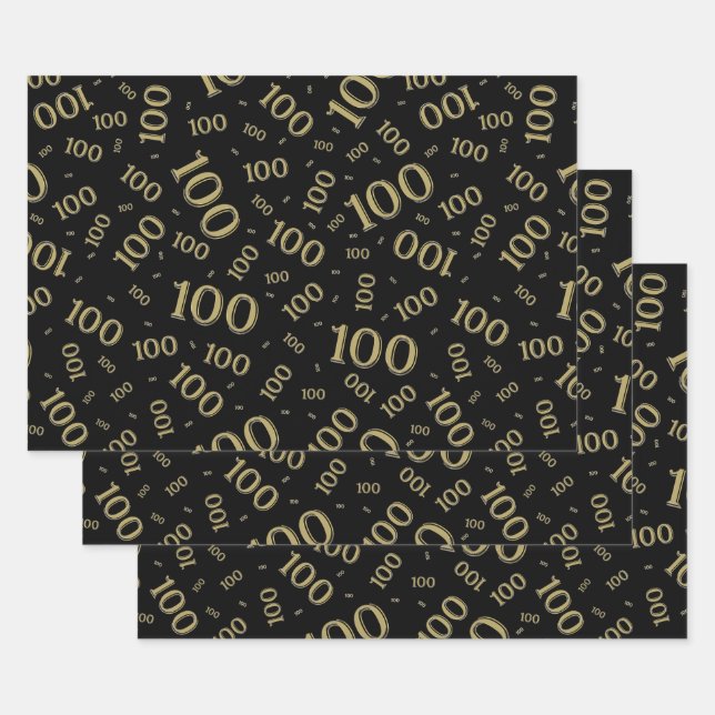 100th Birthday Gold and Black Number Pattern 100 Wrapping Paper Sheets (Set)
