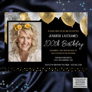 100th Birthday Gold and Black Photo Invitation
