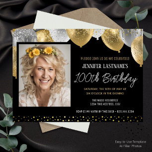 100th Birthday Gold and Black Photo Invitation