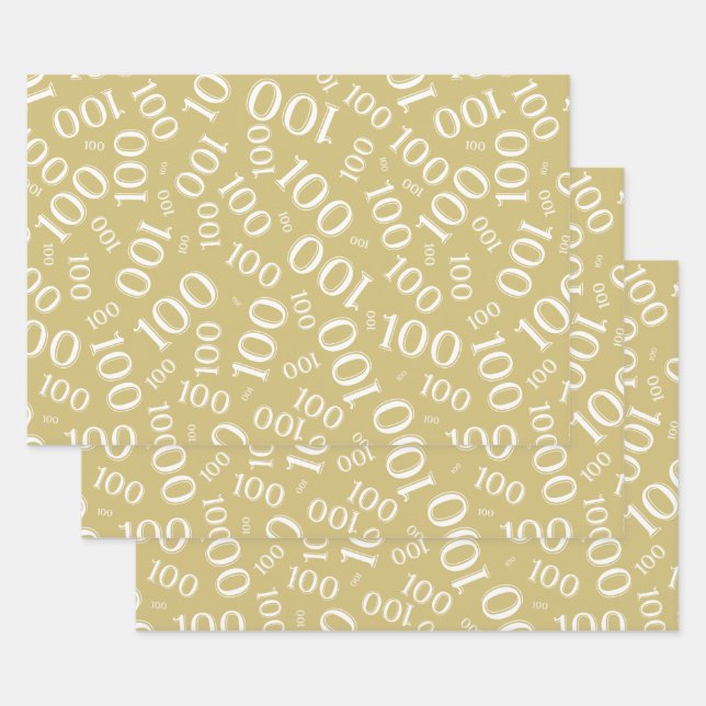 100th Birthday Gold and White Number Pattern 100 Wrapping Paper Sheets (Set)