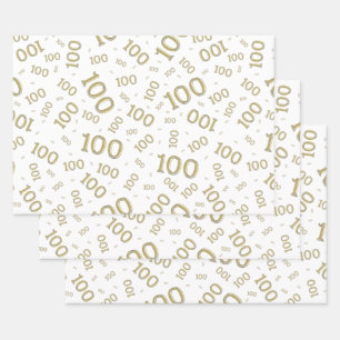 100th Birthday Gold and White Number Pattern 100 Wrapping Paper Sheets