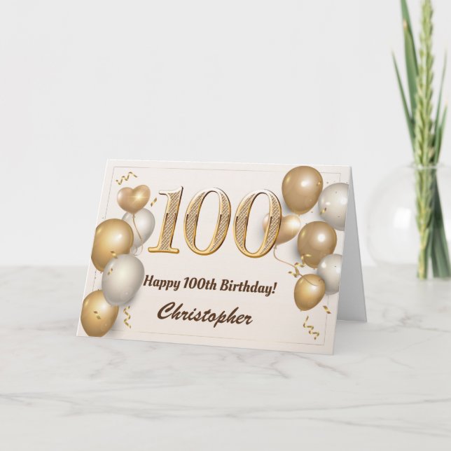 100th Birthday Gold Balloons and Confetti Birthday Card (Front)