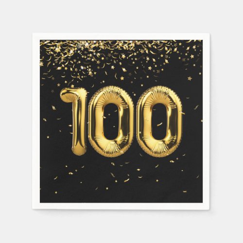 100th Birthday Gold Balloons and Confetti Napkins