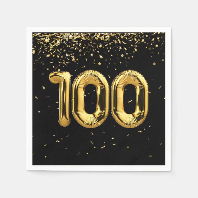 100th Birthday Gold Balloons and Confetti Napkins (Front)