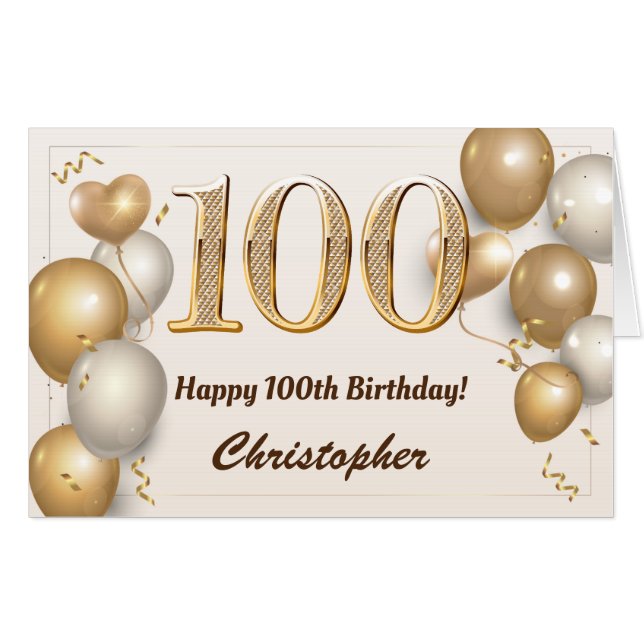 100th Birthday Gold Balloons Confetti Extra Large Card (Front Horizontal)