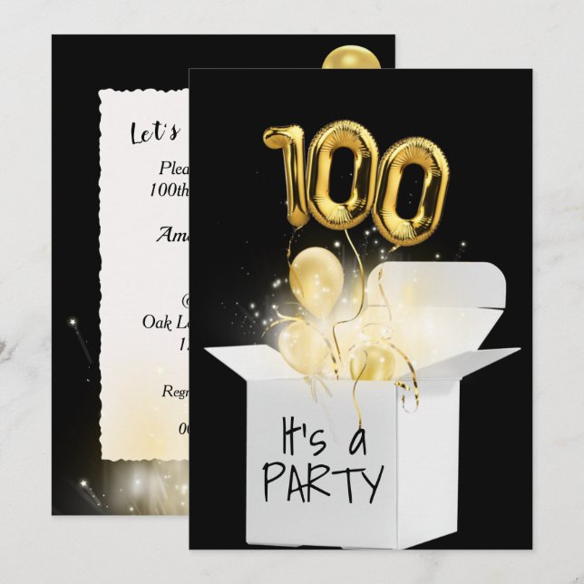 100th Birthday Gold Balloons In White Box   Invitation (Front/Back)