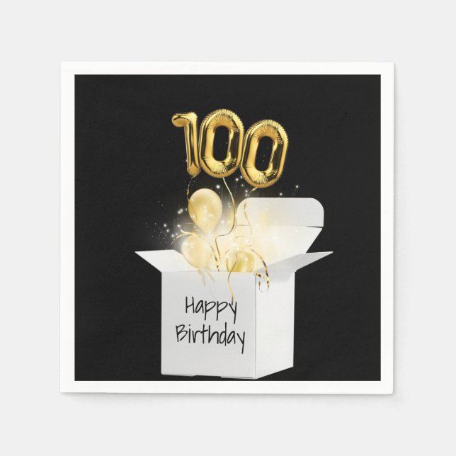 100th Birthday Gold Balloons In White Box     Napkins (Front)