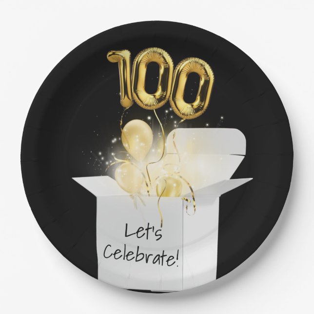 100th Birthday Gold Balloons In White Box    Paper Plates (Front)
