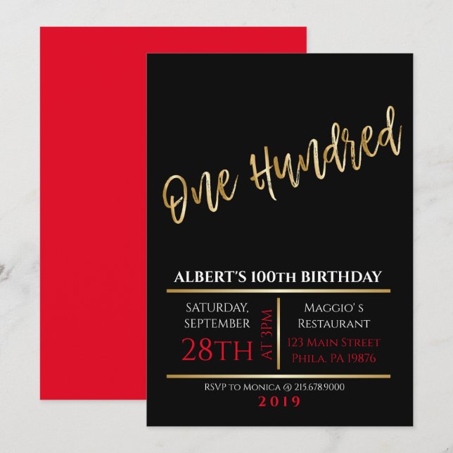 100th Birthday Gold Black Party Invitation (Front/Back)