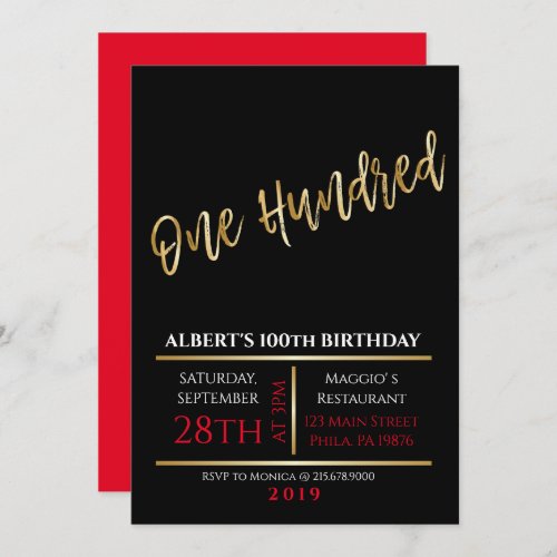 100th Birthday Gold Black Party Invitation