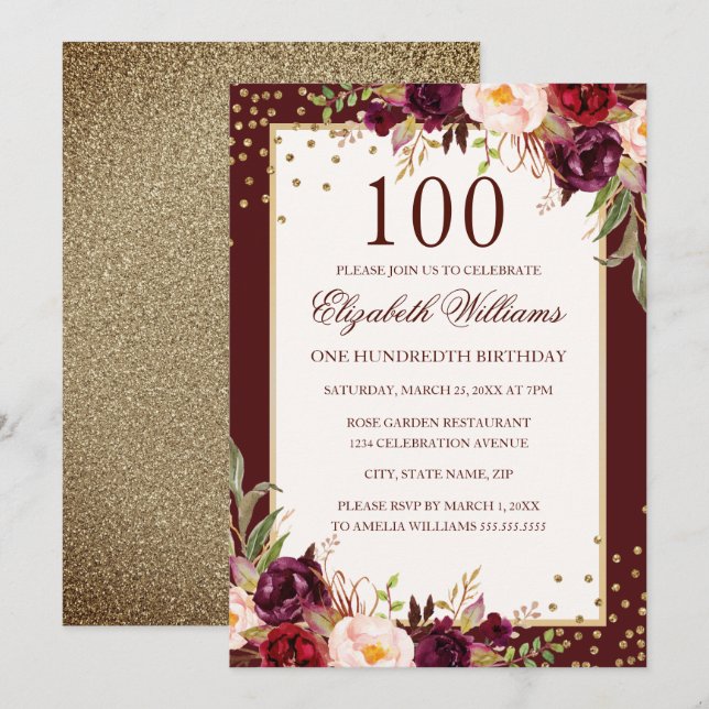 100th Birthday Gold Burgundy Floral Invitation (Front/Back)