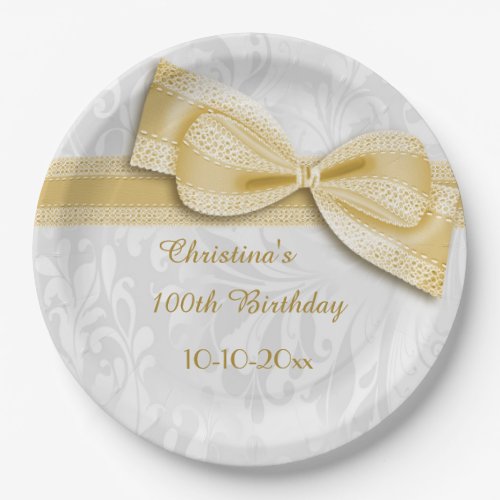 100th Birthday Gold Damask and Faux Bow Paper Plates