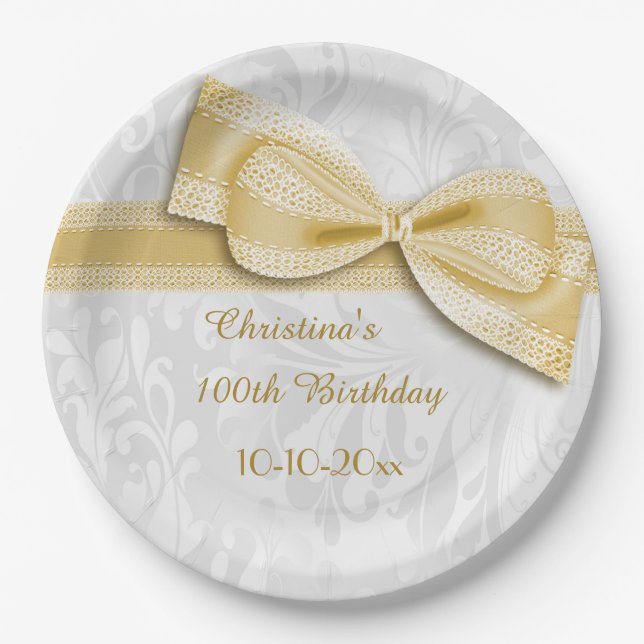100th Birthday Gold Damask and Faux Bow Paper Plates (Front)