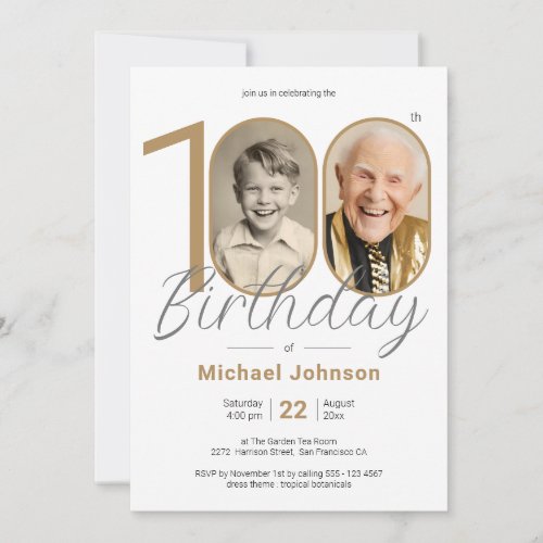 100th Birthday Gold Elegant Simple Custom Photo  Invitation