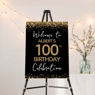 100th Birthday Gold Glitter and Black Welcome Foam Board