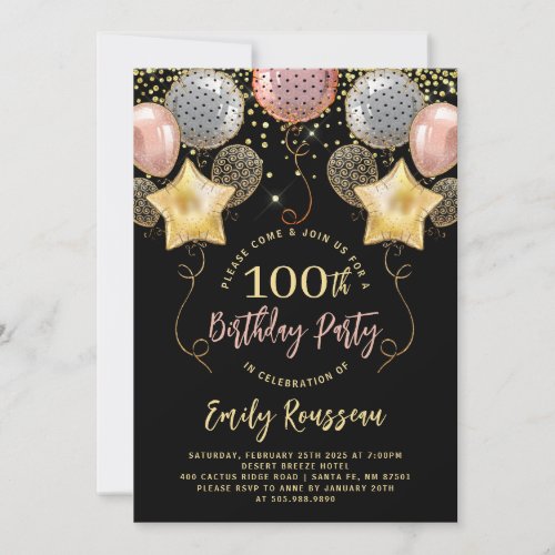 100th Birthday Gold Glitter Balloons Black  Invitation