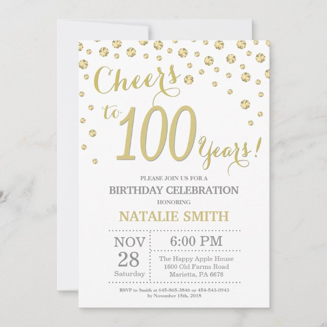 100th Birthday Gold Glitter Diamond Invitation (Front)