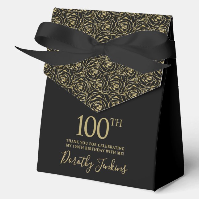 100th Birthday Gold Glitter Roses Thank You  Favor Boxes (Front)