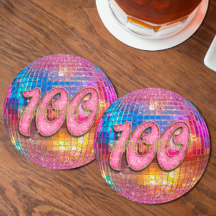 100th Birthday Gold Pink Glitter Mirror Disco Ball Round Paper Coaster