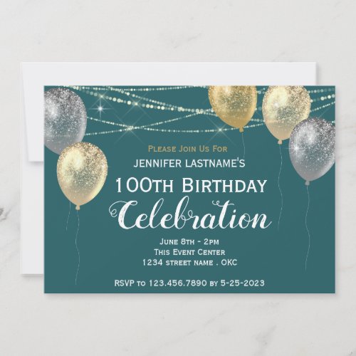 100th Birthday Gold Silver Glitter Balloons  Invitation