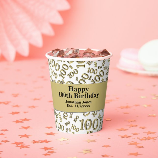 100th Birthday Gold/White Age 100 Number Pattern   Paper Cups (Insitu)