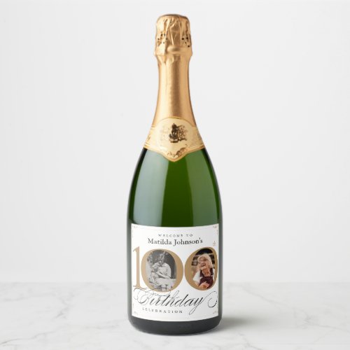 100th Birthday Gold White Calligraphy Custom Photo Sparkling Wine Label