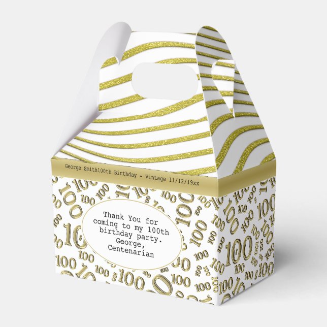 100th Birthday Gold/White Number Pattern Favor Boxes (Front Side)