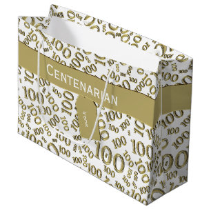 100th Birthday Gold/White Random Number Pattern Large Gift Bag