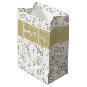 100th Birthday Gold/White Random Number Pattern Medium Gift Bag