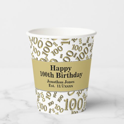 100th Birthday GoldWhite Random Number Pattern   Paper Cups