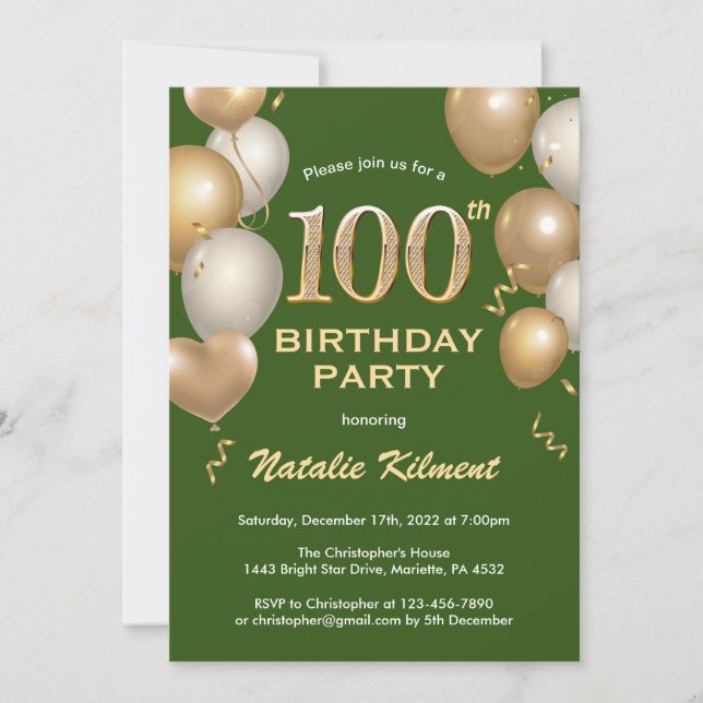100th Birthday Green and Gold Glitter Balloons Invitation (Front)