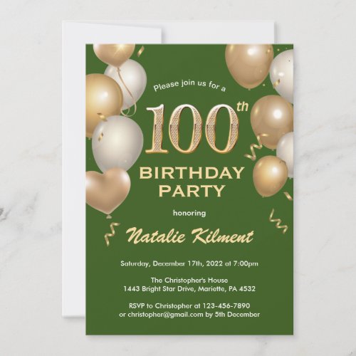 100th Birthday Green and Gold Glitter Balloons Invitation