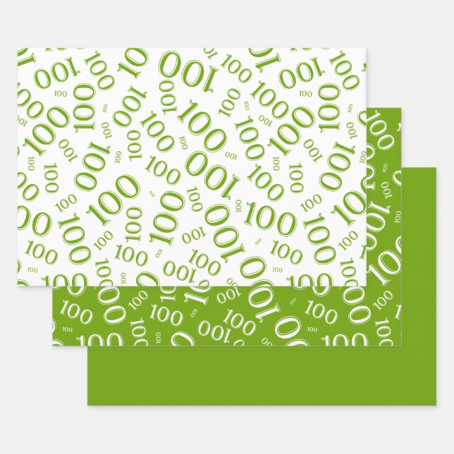 100th Birthday Green/White Number Pattern 100 Wrapping Paper Sheets (Set)