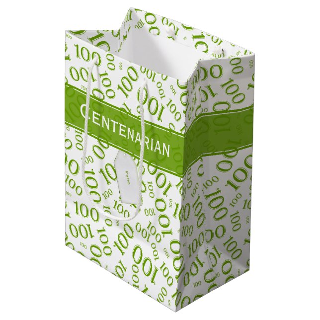 100th Birthday Green/White Random Number Pattern Medium Gift Bag (Front Angled)