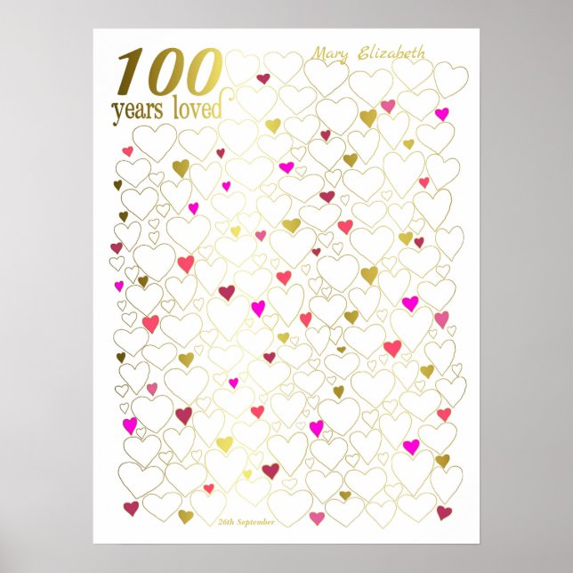 100th Birthday Guest Book Poster - 100 Years Loved (Front)
