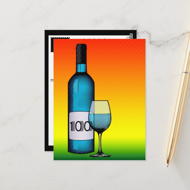 100th birthday halftone wine bottle & glass postcard (Front/Back In Situ)