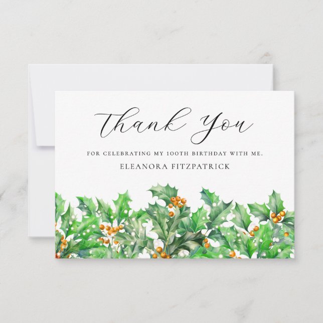 100th Birthday Holly December Birth Flower Custom Thank You Card (Front)