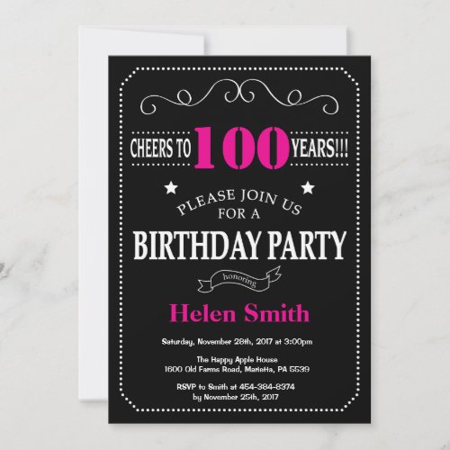 100th Birthday Hot Pink and Black Chalkboard Invitation