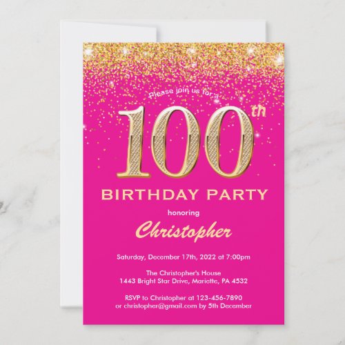 100th Birthday Hot Pink and Gold Glitter Confetti Invitation