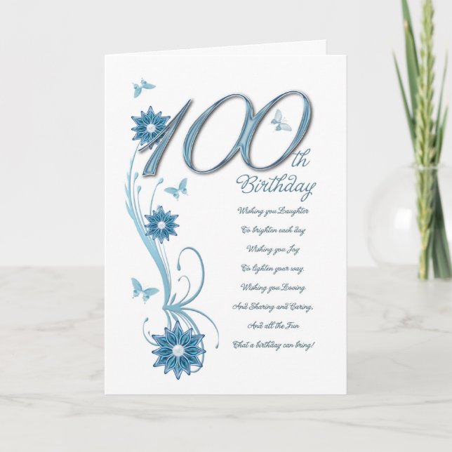 100th birthday in teal with flowers and butter card (Front)
