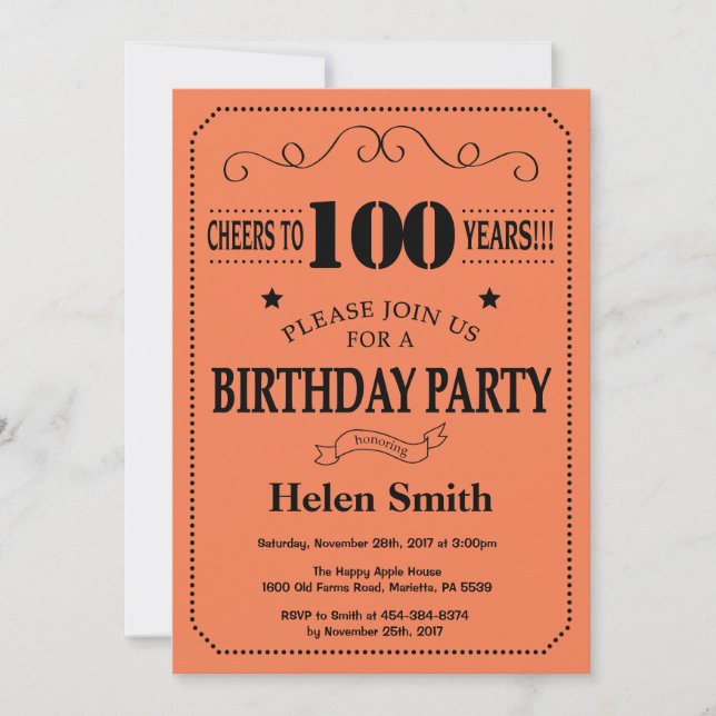 100th Birthday Invitation Black and Coral (Front)