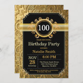 100th Birthday Invitation Black and Gold Glitter (Front/Back)