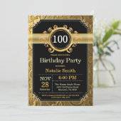 100th Birthday Invitation Black and Gold Glitter (Standing Front)