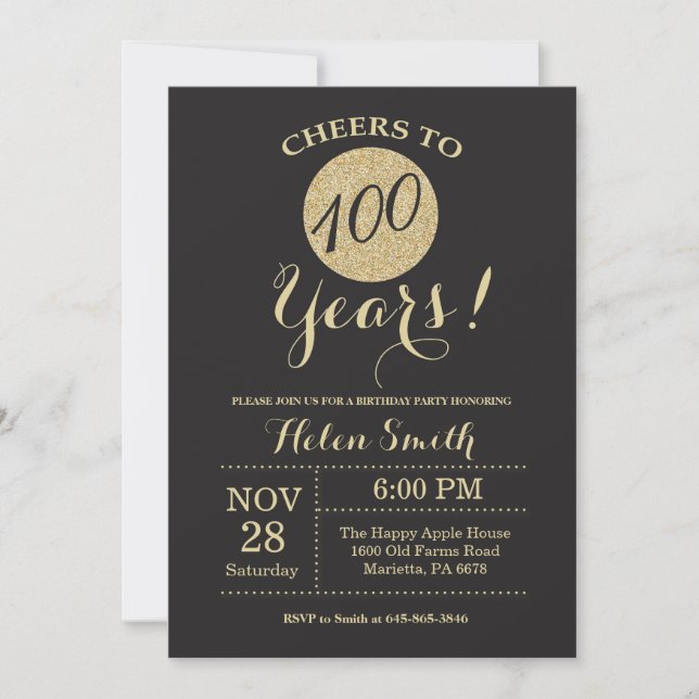 100th Birthday Invitation Black and Gold Glitter (Front)