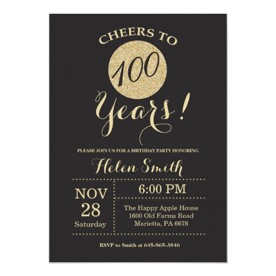 100th Birthday Invitation Black And Gold Glitter Zazzle Com