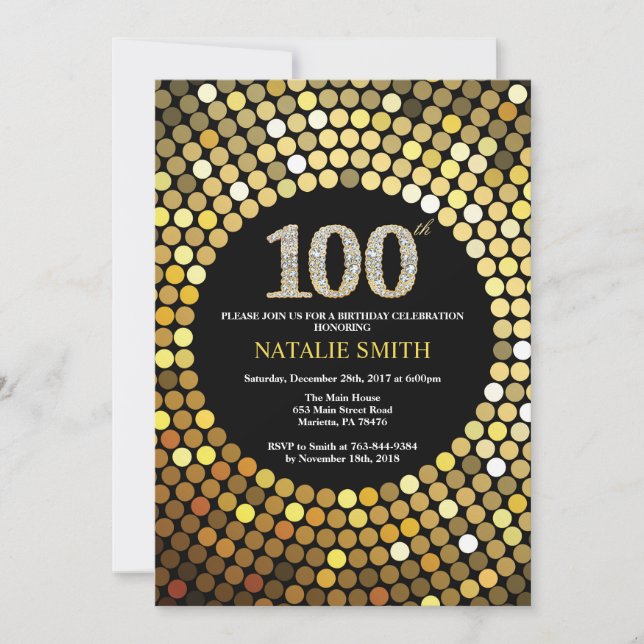 100th Birthday Invitation Black and Gold Glitter (Front)