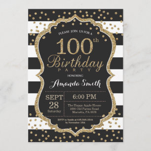 100th Birthday Invitation. Black and Gold Glitter Invitation