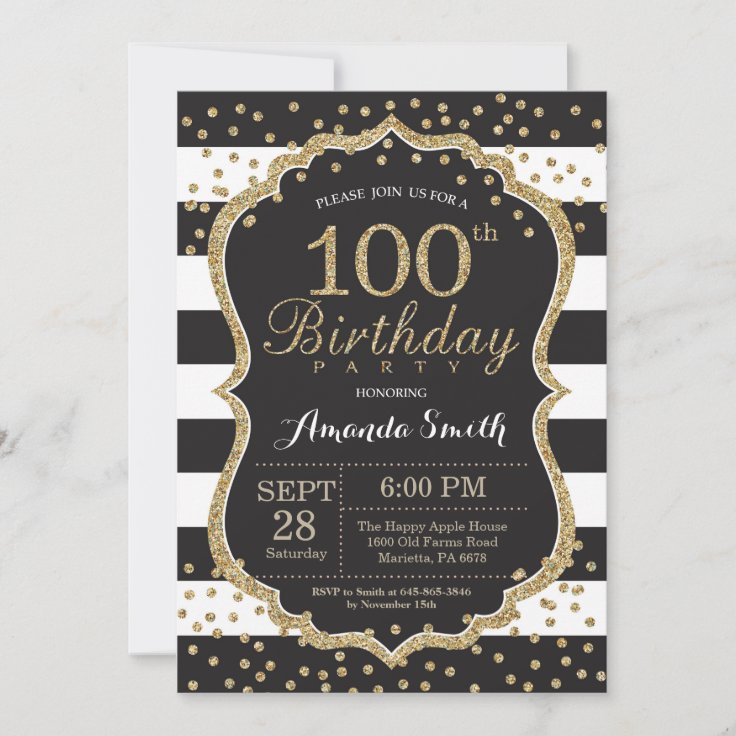 100th Birthday Invitation. Black and Gold Glitter Invitation | Zazzle