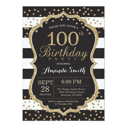 100th Birthday Invitation Black And Gold Glitter Invitation